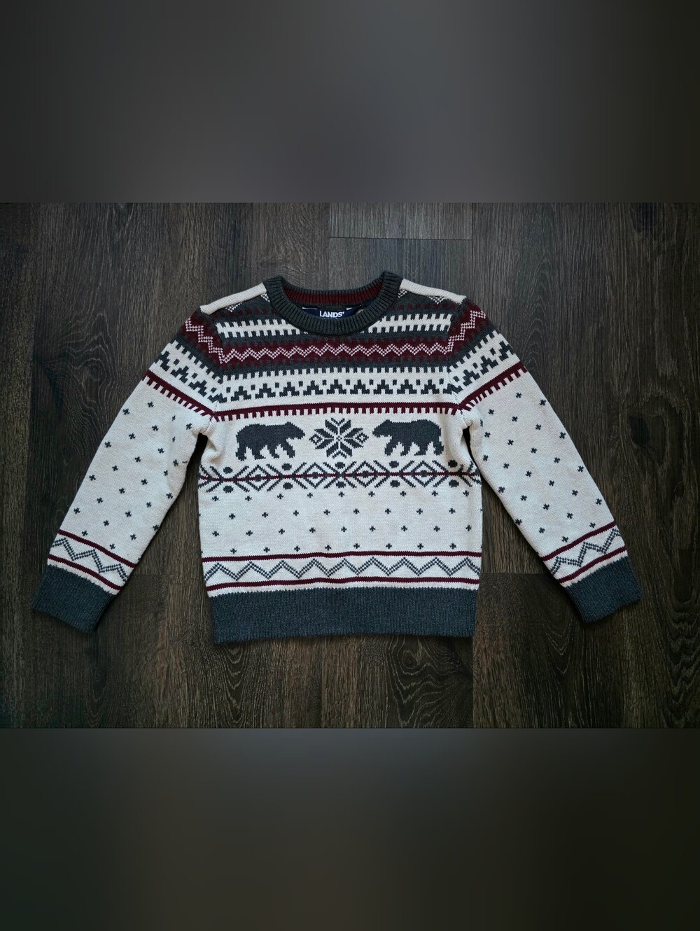 Lands' End kids' Fair Isle festive bear and snowflake sweater